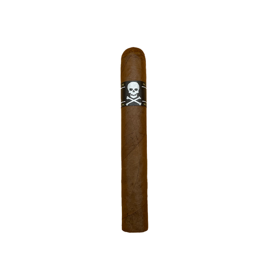 Cigar with a skull and crossbones label on a white background