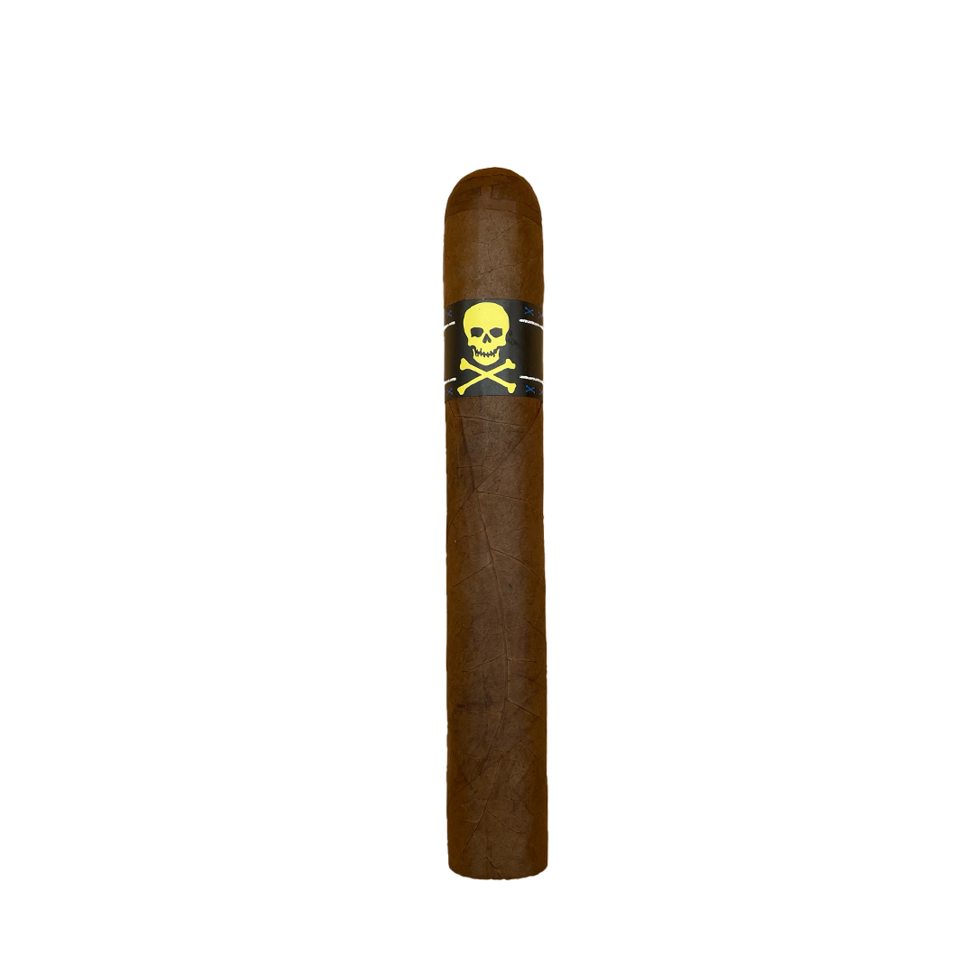 Cigar with a skull and crossbones label on a white background