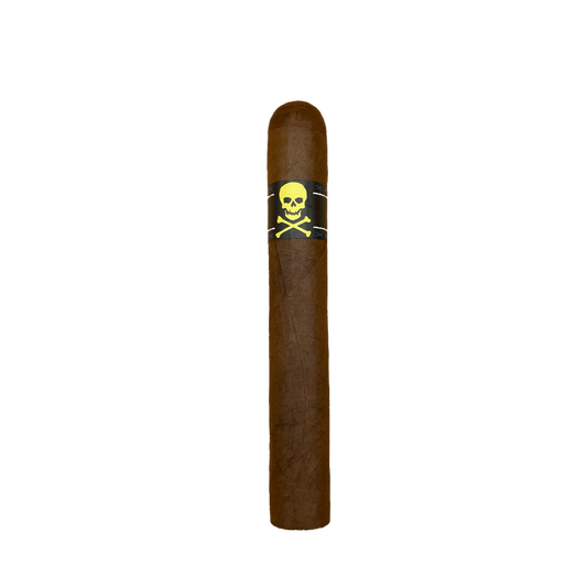 Cigar with a skull and crossbones label on a white background