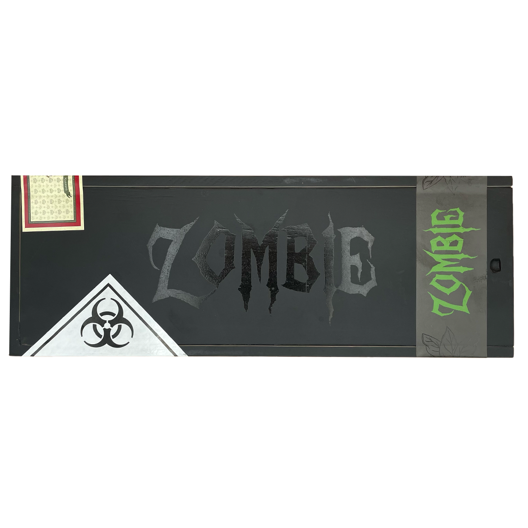 Zombie-themed product packaging with 'Zombie' text and biohazard symbol on a black background.
