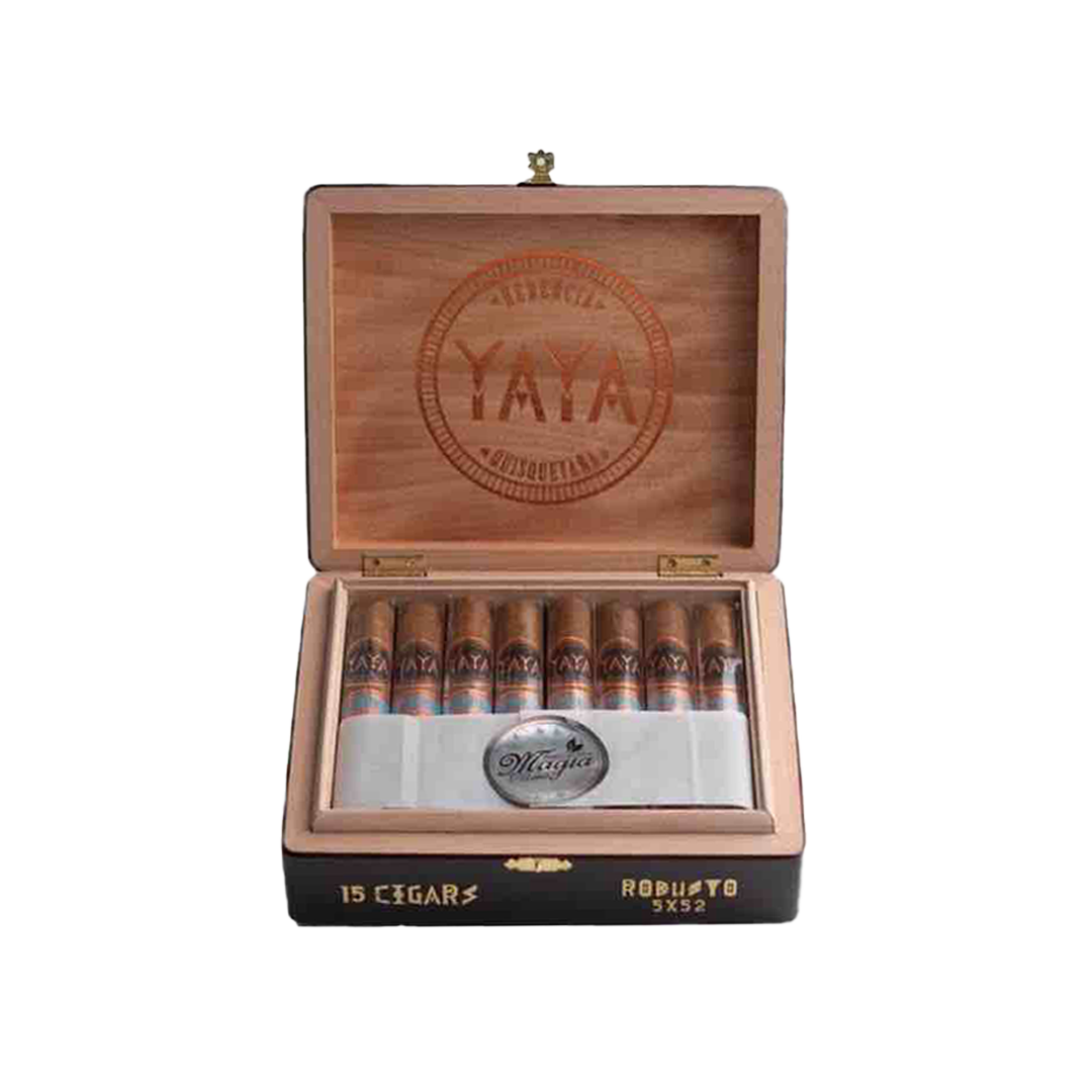 Wooden cigar box with cigars inside on a white background