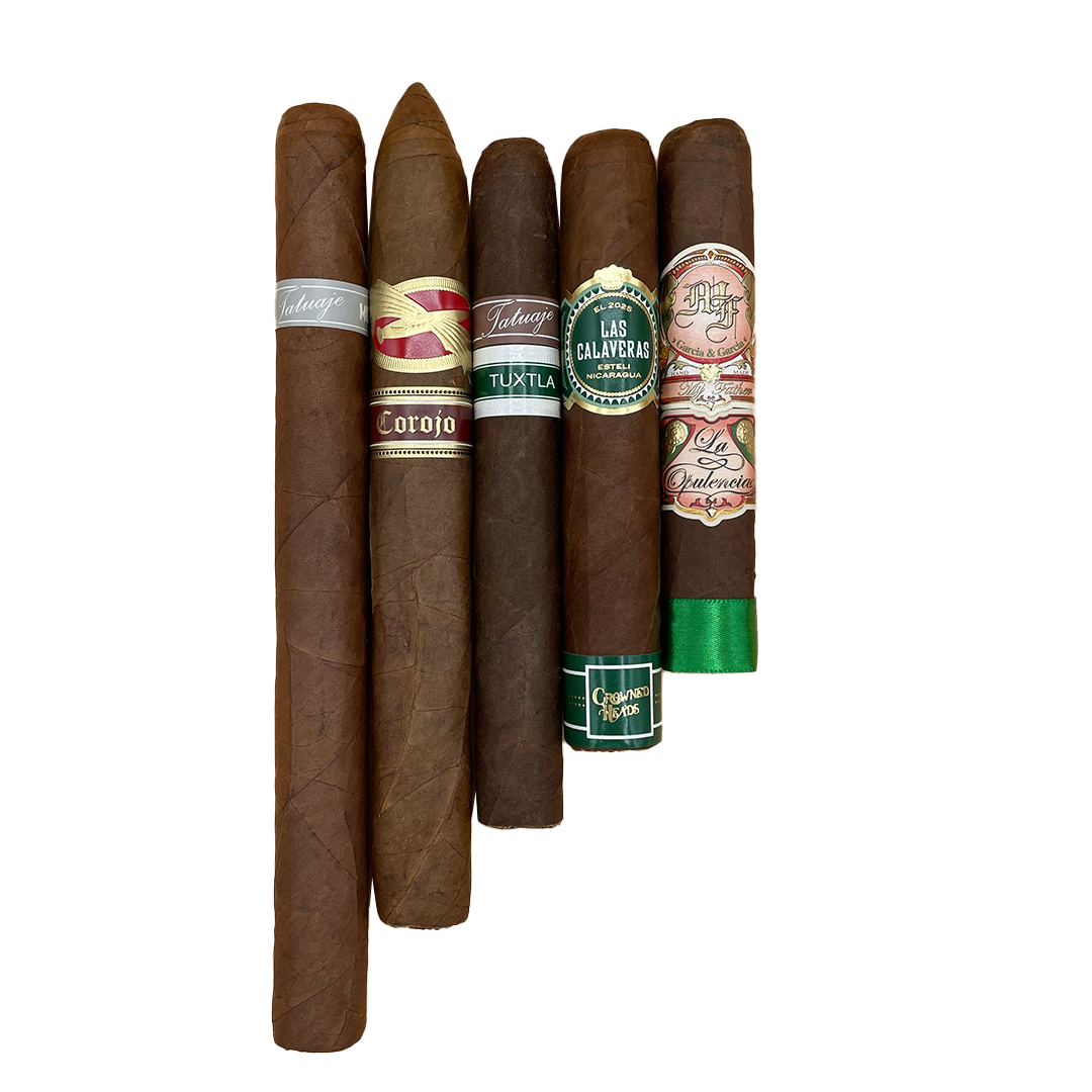 Five cigars with visible labels on a white background