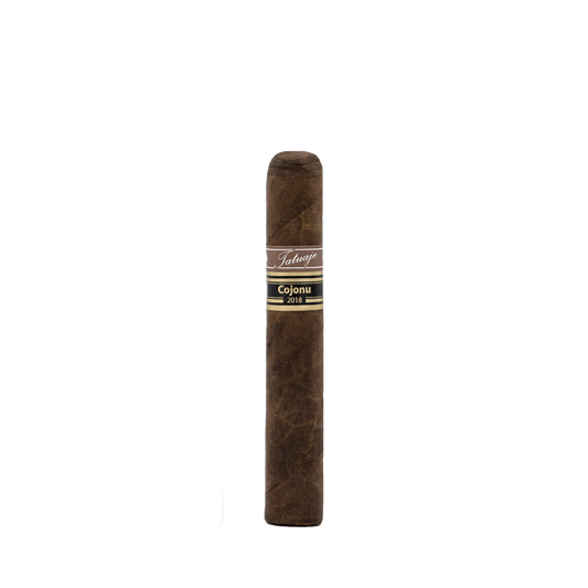 A single Tatuaje Cojonu 2018 Broadleaf cigar against a transparent background, displaying its full length and the brand and cigar type on the band.